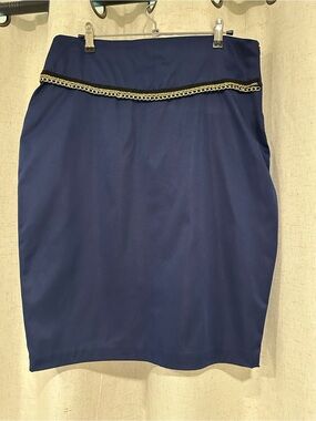 Tailored Navy Pencil Skirt with Gold Chain Accent